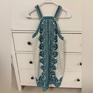 Anthropologie White and Teal Embroidered Halter Dress